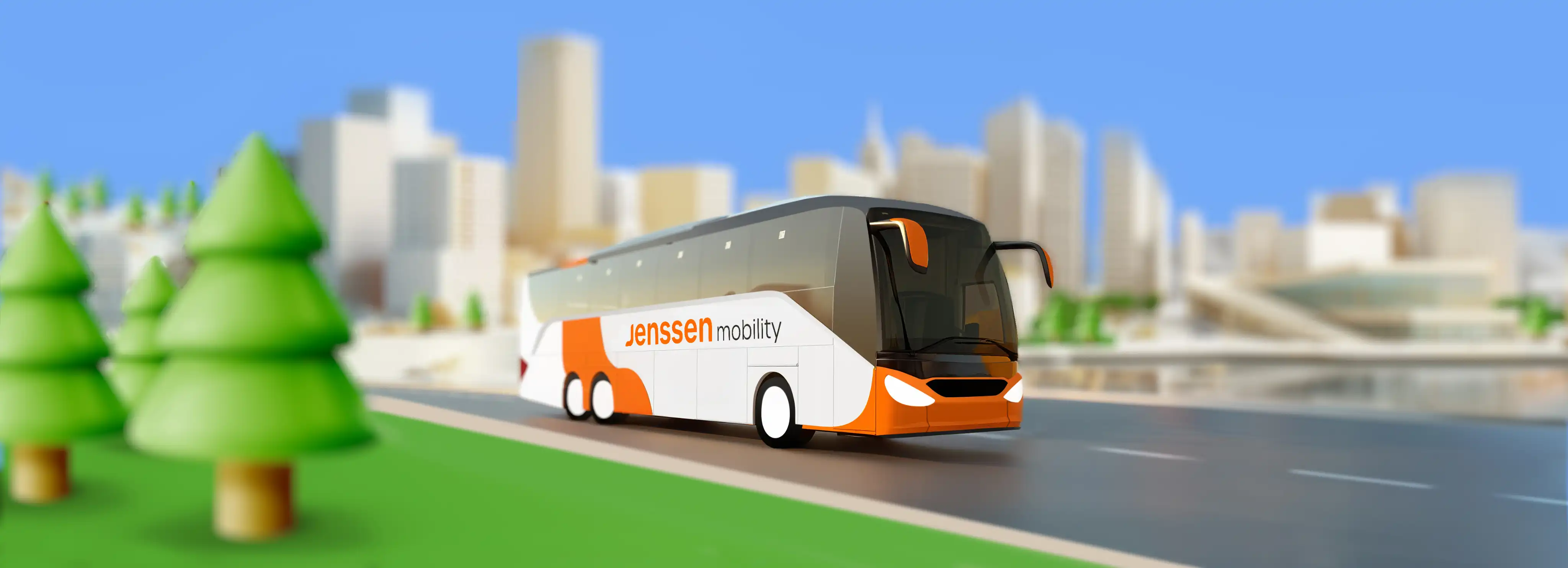 Buss fra Jenssen Mobility kjører på vei foran en bysilhuett med grønne trær i forgrunnen
